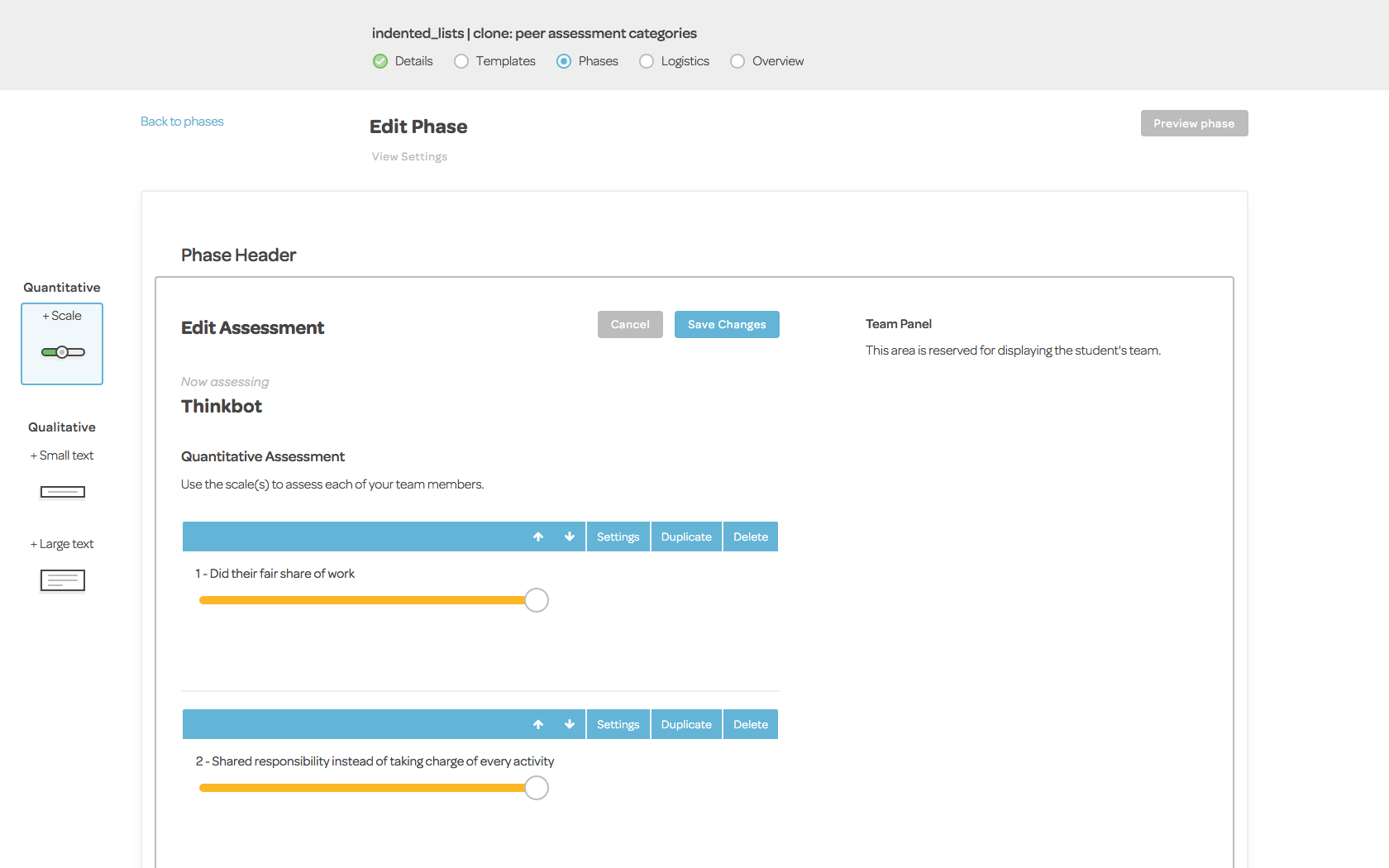 Toolbar editor for assessments